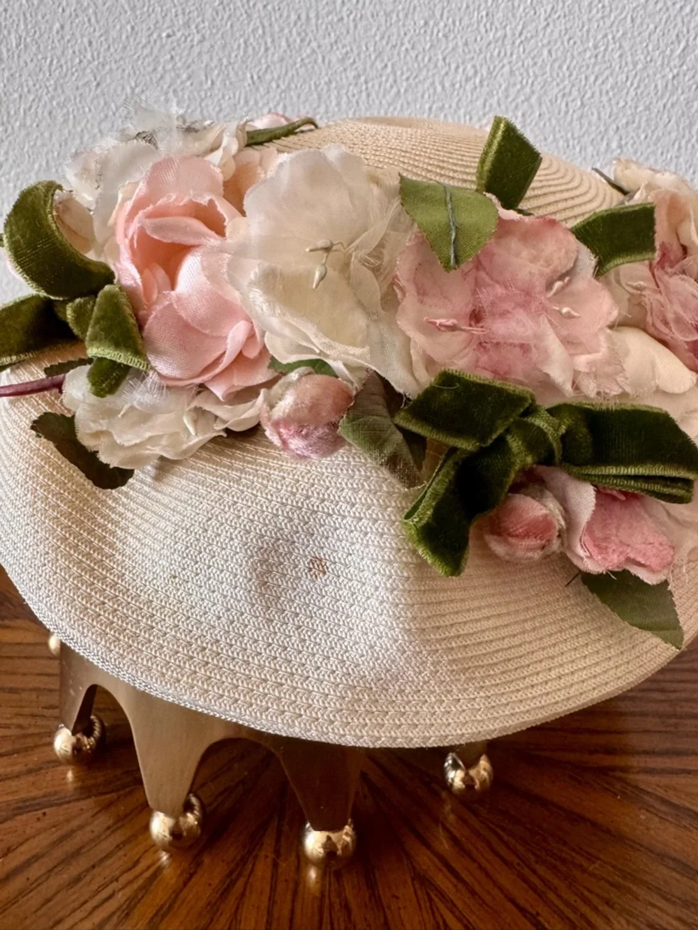 Vintage 1950s Cream millinery Hat with Pink and Green Flowers and Velvet Bow